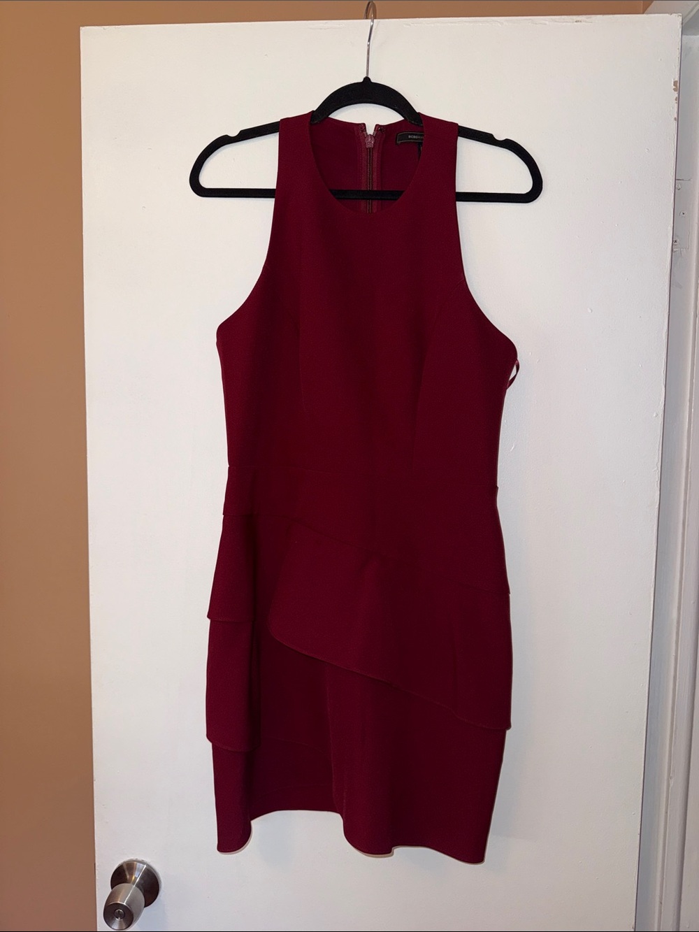BCBG Sleeveless Mini Dress in Deep Burgundy with Layered Skirt